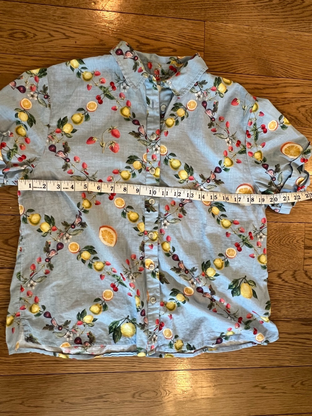 Maeve By Anthropologie 100% Cotton Light Blue Citrus Button-Up Short Sleeve Top - Picture 5 of 6